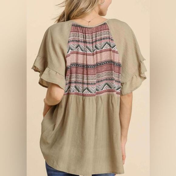 Umgee Abstract Printed Split Neck Short Ruffle Sleeve Top-Small - Picture 3 of 6